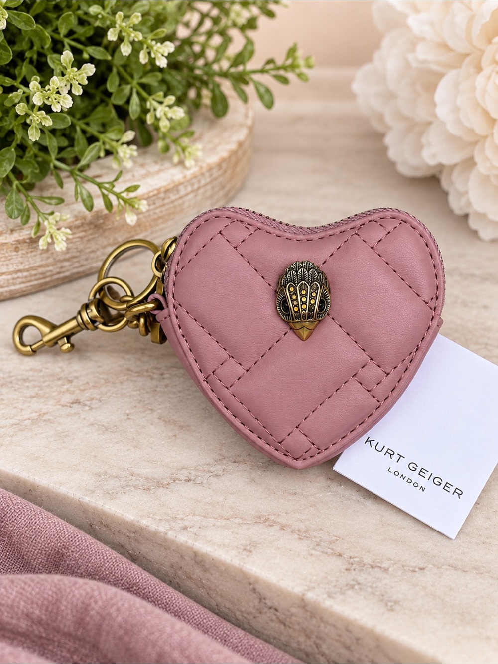 Kurt Geiger Mauve Quilted Heart Keychain Pouch NWT